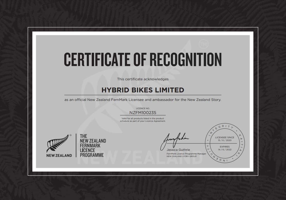 Image of the Fernmark Certificate for Hybrid Bikes